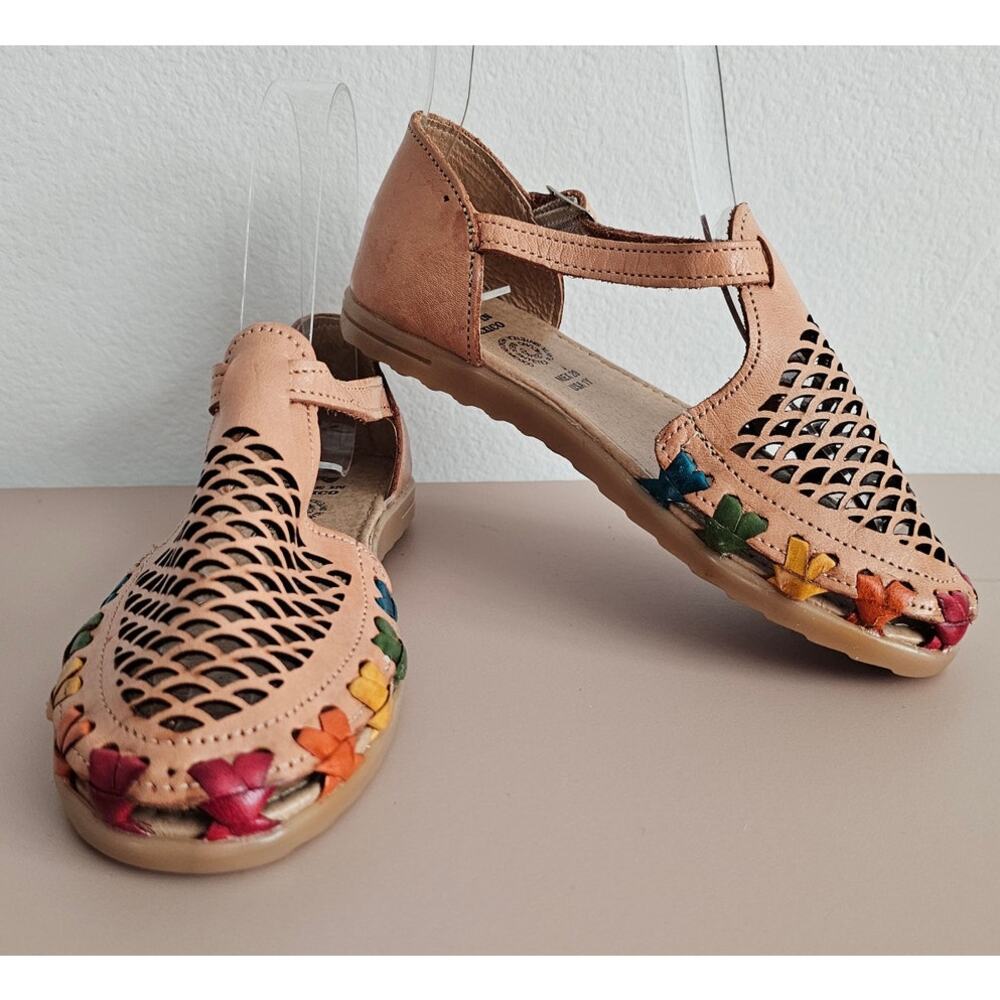 NEW Girl's Leather Mexican Huarache Tan Multi-Colored Sandals 1 Youth